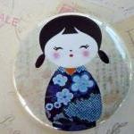 Pocket Mirror - Kokeshi Doll With Blue Dress
