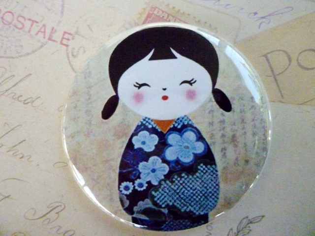 Pocket Mirror - Kokeshi Doll With Blue Dress